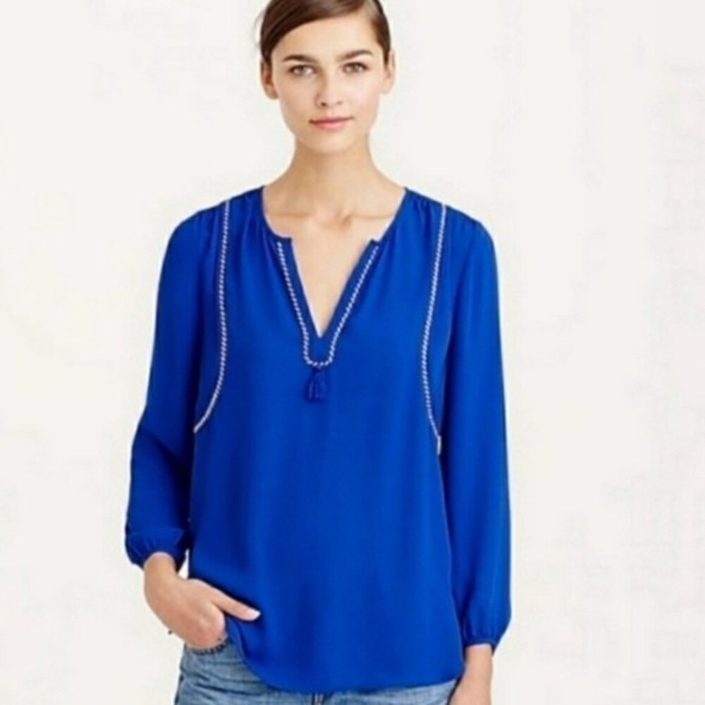 J. Crew Blue Tassel Trim Long Sleeve Blouse 00